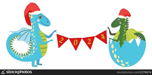 Year of the Dragon 2024, Chinese calendar. Cute dragons and inscription 2024.. Year of the Dragon 2024, Chinese calendar. Cute dragons and inscription 2024