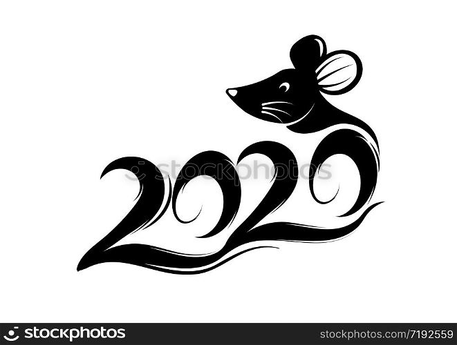 Year of the Rat. Chinese new year 2020. Chinese characters mean Happy New Year. Calligraphy and mouse. Zodiac sign for greetings card,invitation,posters,banners,calendar