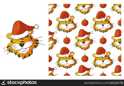 Year of the Tiger 2022. New Year&rsquo;s Set of element and seamless pattern. ideal for children&rsquo;s clothing. Can be used for fabric, wrapping and etc. Cute Set of element and seamless pattern. Ideal for children&rsquo;s clothing
