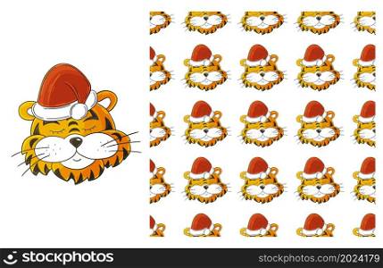 Year of the Tiger 2022. New Year&rsquo;s Set of element and seamless pattern. ideal for children&rsquo;s clothing. Can be used for fabric, wrapping paper and etc. Cute Set of element and seamless pattern. Ideal for children&rsquo;s clothing
