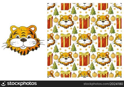 Year of the Tiger 2022. New Year&rsquo;s Set of element and seamless pattern. ideal for children&rsquo;s clothing. Cute Set of element and seamless pattern. Ideal for children&rsquo;s clothing