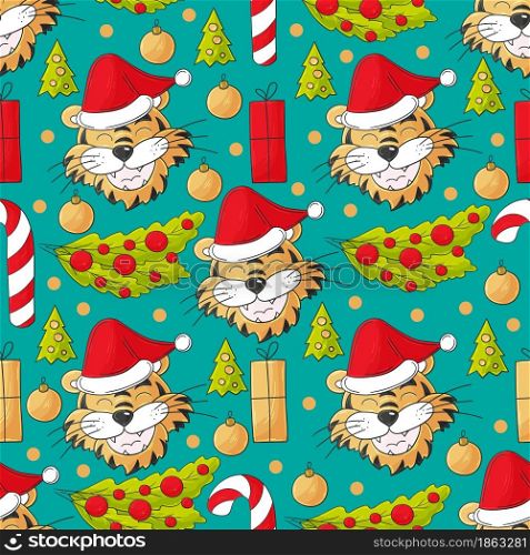 Year of the tiger 2022. Seamless pastel pattern with the heads of tigers in Christmas hats, Christmas trees. Pattern. Can be used for fabric, packaging and etc. Faces of tigers. Symbol of 2022. Tigers in hand draw style. New Year 2022