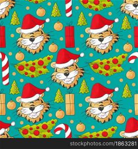 Year of the tiger 2022. Seamless pastel pattern with the heads of tigers in Christmas hats, Christmas trees. Pattern. Can be used for fabric, packaging and etc. Faces of tigers. Symbol of 2022. Tigers in hand draw style. New Year 2022