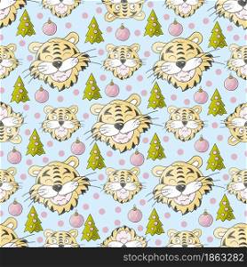 Year of the tiger 2022. Seamless pastel pattern with the heads of tigers, Christmas trees. Pattern. Can be used for fabric, packaging, wrapping and etc. Faces of tigers. Symbol of 2022. Tigers in hand draw style. New Year 2022