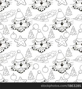 Year of the tiger 2022. Seamless vector pattern with the heads of tigers in Christmas hats, Christmas trees. Can be used for fabric, Coloring, wrapping and etc. Coloring Seamless vector pattern with tigers faces. Pattern in hand draw style. New Year&rsquo;s holidays 2022