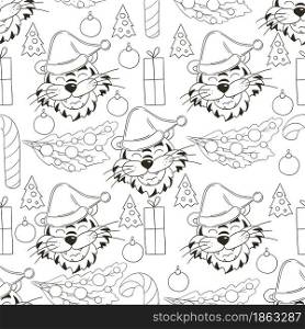 Year of the tiger 2022. Seamless vector pattern with the heads of tigers in Christmas hats, Christmas trees. Pattern. Can be used for fabric, Coloring and etc. Coloring Seamless vector pattern with tigers faces. Pattern in hand draw style. New Year&rsquo;s holidays 2022