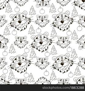 Year of the tiger 2022. Seamless vector pattern with the heads of tigers, Christmas trees. Pattern. Can be used for fabric, Coloring, wrapping and etc. Coloring Seamless vector pattern with tigers faces. Pattern in hand draw style. New Year&rsquo;s holidays 2022