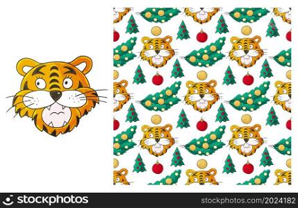 Year of the Tiger. New Year 2022. New Year&rsquo;s Set of element and seamless pattern. ideal for children&rsquo;s clothing. Can be used for fabric, wrapping and etc. Cute Set of element and seamless pattern. Ideal for children&rsquo;s clothing