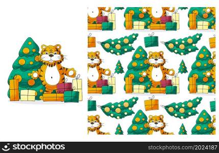 Year of the Tiger. New Year&rsquo;s Set of element and seamless pattern. ideal for children&rsquo;s clothing. New Year 2022. Can be used for fabric, wrapping and etc. Cute Set of element and seamless pattern. Ideal for children&rsquo;s clothing