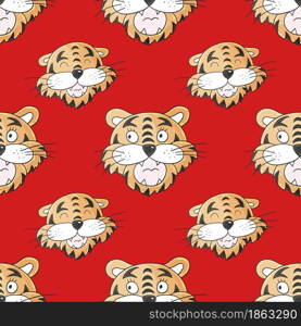 Year of the tiger. Seamless pattern with tigers faces. Bright Pattern. New Year&rsquo;s holidays 2022. Can be used for fabric, packaging, textile and etc. Faces of tigers. Symbol of 2022. Tigers in hand draw style. New Year 2022