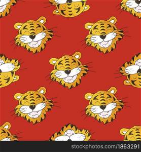 Year of the tiger. Seamless pattern with tigers faces. Bright Pattern. New Year&rsquo;s holidays 2022. Can be used for fabric, packaging, wrapping paper and etc. Faces of tigers. Symbol of 2022. Tigers in hand draw style. New Year 2022