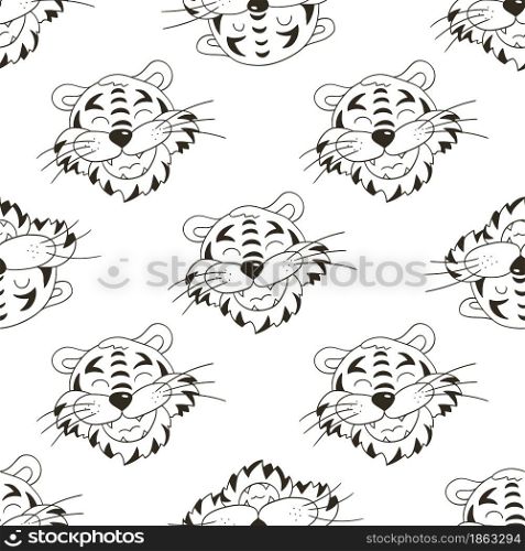 Year of the tiger. Seamless vector pattern with tigers faces. Pattern. New Year&rsquo;s holidays 2022. Can be used for fabric, Coloring, wrapping paper and etc. Coloring Seamless vector pattern with tigers faces. Pattern in hand draw style. New Year&rsquo;s holidays 2022