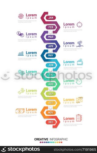 Year planner, 12 months, 1 year, Timeline infographics design vector and Presentation business can be used for Business concept with 12 options, steps or processes.