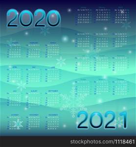 Year planner calendar of 2020 and 2021 on aqua background, stock vector