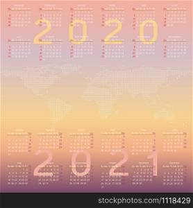 Year planner calendar of 2020 and 2021 on map background, stock vector
