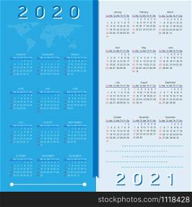 Year planner calendar page of 2020 and 2021, stock vector