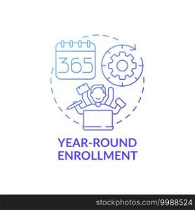 Year-round enrollment concept icon. Online language courses idea thin line illustration. Starting courses anytime. Open-enrollment. Year round program. Vector isolated outline RGB color drawing. Year-round enrollment concept icon