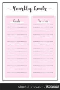 Yearly goals and wishes pink creative planner page design. Timetable to plan task. New year resolution list bullet journal color sheet. Printable diary layout. Notebook vector template. Yearly goals and wishes pink creative planner page design