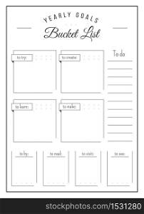 Yearly goals minimalist planner page design. Memo boxes to make checklist. Categories of notes. Bucket list bullet journal printable sheet. Personal organizer. Notebook vector template. Yearly goals minimalist planner page design