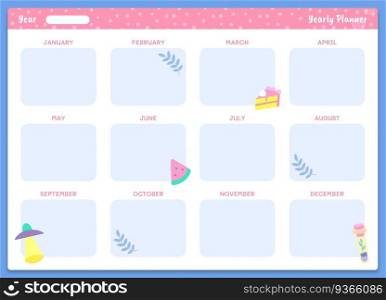 Yearly planner template. Organizer year calendar, business template month schedule, planner time monthly. Vector illustration. Yearly planner template. Organizer year calendar, business schedule