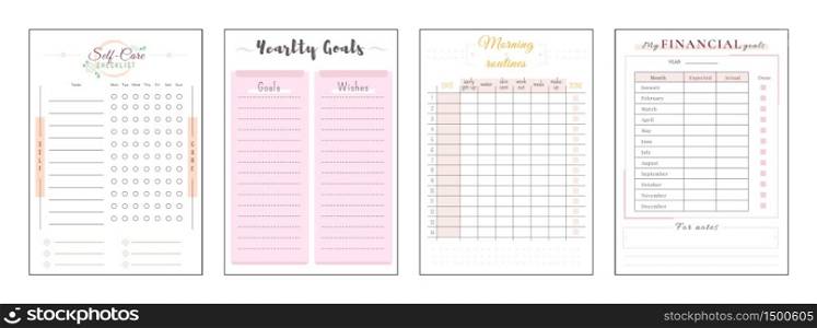 Yearly resolution minimalist planner page set. Self care checklist. Goals and wishes. Finance management. Cute pink personal organizer printable sheet layout. Vertical insert for diary. Yearly resolution minimalist planner page set