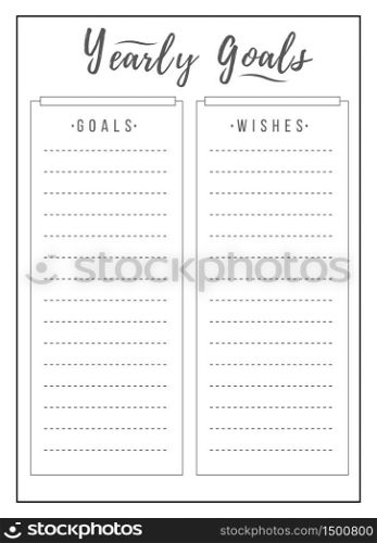 Yearly schedule minimalist planner page design. List grid to plan annual task. Make note. New year resolutions bullet journal printable sheet. Personal organizer. Notebook vector template. Yearly schedule minimalist planner page design