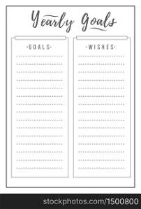 Yearly schedule minimalist planner page design. List grid to plan annual task. Make note. New year resolutions bullet journal printable sheet. Personal organizer. Notebook vector template. Yearly schedule minimalist planner page design