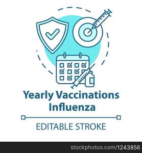 Yearly vaccination for influenza concept icon. Clinic appointment. Healthcare treatment. Flu virus idea thin line illustration. Vector isolated outline RGB color drawing. Editable stroke