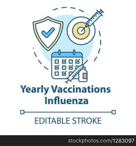 Yearly vaccination for influenza concept icon. Infection precaution. Healthcare treatment. Flu virus idea thin line illustration. Vector isolated outline RGB color drawing. Editable stroke