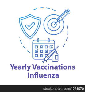 Yearly vaccination for influenza concept icon. Injection in time. Infection precaution. Healthcare treatment. Flu virus idea thin line illustration. Vector isolated outline RGB color drawing