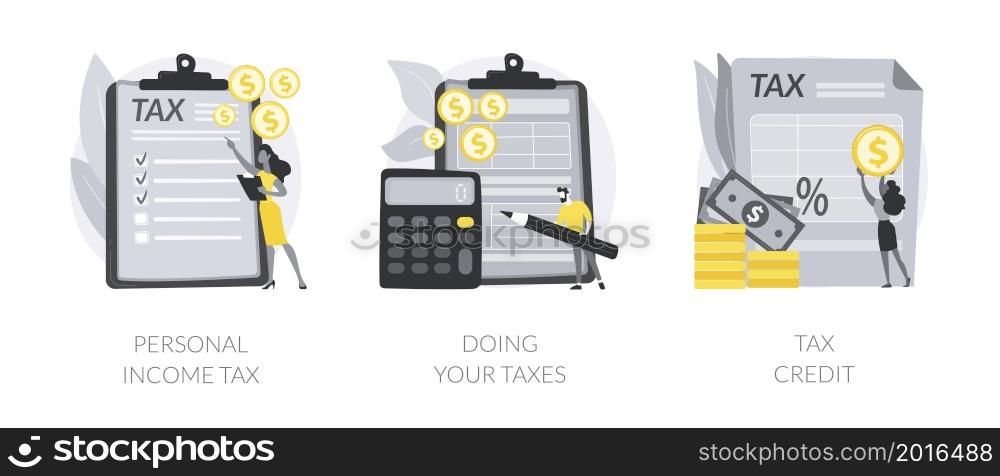 Years tax bill abstract concept vector illustration set. Personal income taxation and tax credit, online IRS form, bank account, budget planning calculator, bill payment abstract metaphor.. Years tax bill abstract concept vector illustrations.