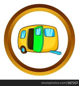 Yelllow camping trailer vector icon in golden circle, cartoon style isolated on white background. Yelllow camping trailer vector icon