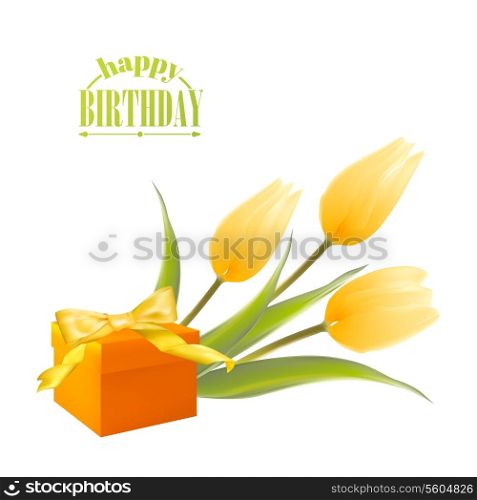Yelllow tulips and gift box. Vector illustration.