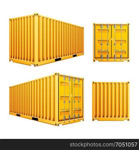Yellow 3D Cargo Container Vector. Realistic Metal Classic Cargo Container. Freight Shipping Concept. Logistics, Transportation Mock Up. Isolated On White Background Illustration. 3D Cargo Container Vector. Classic Cargo Container. Freight Shipping Concept. Logistics, Transportation Mock Up. Isolated On White Background Illustration