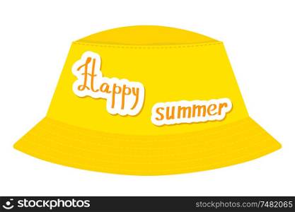 "Yellow abstract panama hat with "happy summer"on a white background. Symbol of summer holiday. stock vector"