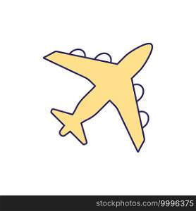 Yellow airplane RGB color icon. Business travel trends. Flexible airline tickets. Aircraft drawing. Vacation planing. Journey spending. Social distancing on board. Isolated vector illustration. Yellow airplane RGB color icon