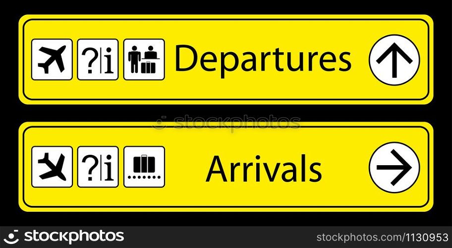 Yellow Airport Signs departures and arrivals with pictograms and arrows,isolated on black background,vector illustration.. Yellow Airport Signs departures and arrivals with pictograms and
