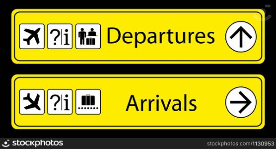 Yellow Airport Signs departures and arrivals with pictograms and arrows,isolated on black background,vector illustration.. Yellow Airport Signs departures and arrivals with pictograms and