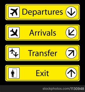 Yellow Airport Signs on black background,vector illustration.. Yellow Airport Signs on black background