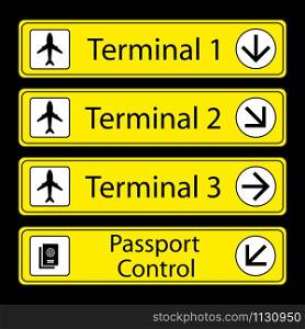 Yellow Airport Signs with monochromatic pictograms,isolated on black background,vector illustration.. Yellow Airport Signs with monochromatic pictograms