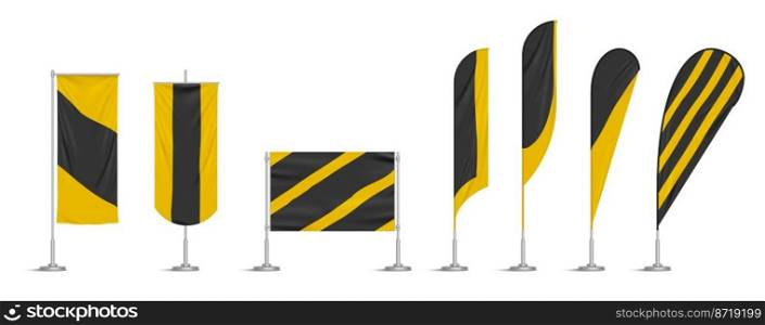 Yellow and black vinyl flags and banners on pole. Vector realistic template of fabric promotion posters, advertising striped canvas pennants hanging on metal frame and stand. Yellow and black vinyl flags and banners on pole