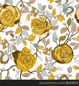 Yellow and blue floral pattern. Vector wallpaper with big illustration roses. Hand drawn roses. Yellow and blue floral pattern. Vector wallpaper with big illustration roses. Hand drawn yellow roses