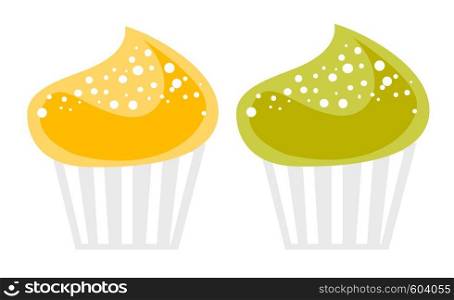 Yellow and green delicious cupcakes vector cartoon illustration isolated on white background.. Colorful cupcakes vector cartoon illustration.