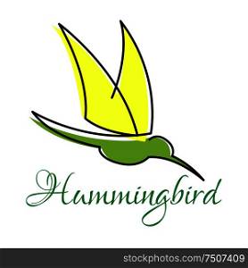 Yellow and green hummingbird abstract symbol with pointed wings, outline style. Green hummingbird with pointed wings