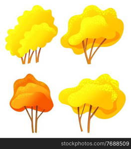 Yellow and orange bright autumn tree or bush set with a lush crown, thin brown trunk and branches isolated on white. Vector of big plant with foliage round shape, landscape element in cartoon style. Yellow and orange bright autumn tree or bush set with a lush crown, thin brown trunk and branches on white