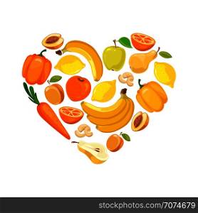 Yellow and orange fruits and vegetables. Healthy and organic fruit, vector illustration. Yellow and orange fruits and vegetables