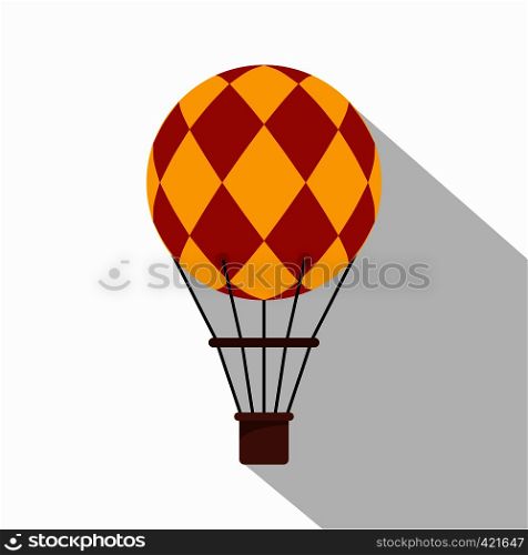 Yellow and red hot air balloon with basket icon. Flat illustration of yellow and red hot air balloon with basket vector icon for web isolated on white background. Yellow and red hot air balloon icon, flat style