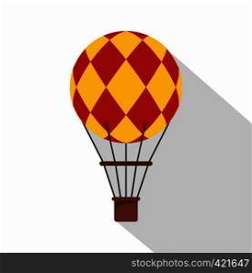 Yellow and red hot air balloon with basket icon. Flat illustration of yellow and red hot air balloon with basket vector icon for web isolated on white background. Yellow and red hot air balloon icon, flat style