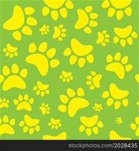 Yellow animal track, cat, dog paw on green background seamless pattern. Vector illustration.
