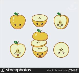 Yellow apple cute kawaii mascot. Set of funny kawaii drawn fruit in the cut